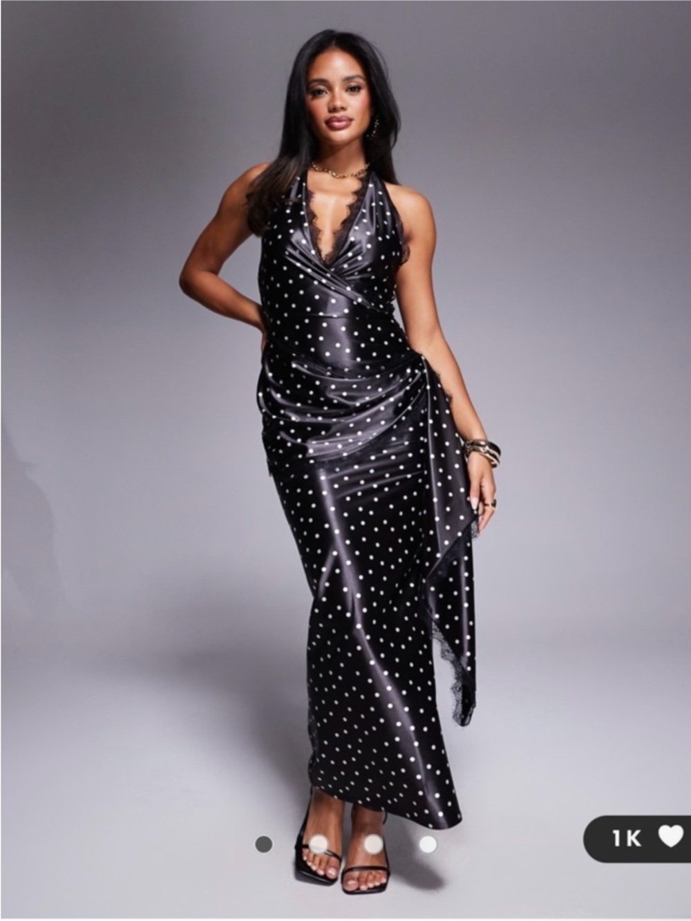 ASOS Black White Polka Dot Satin Halter Maxi Dress Backless Size 4 NWT